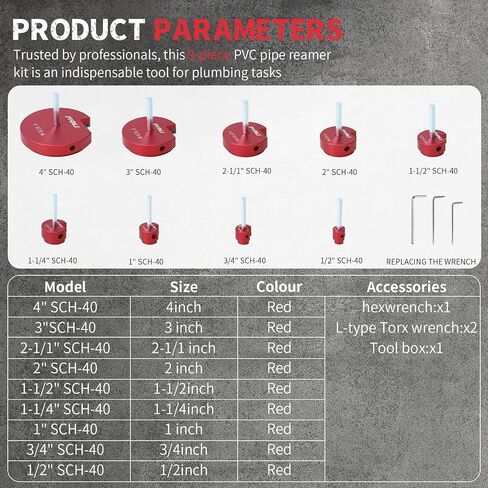 طقم مخرطة أنابيب PVC مكون من 9 قطع مع 1/2 بوصة، 3/4 بوصة، 1 بوصة، 1-1/4 بوصة، 1-1/2 بوصة، 2 بوصة، 2-1/2 بوصة، 3 بوصة، 4 بوصة، 2 إدراجات كربيد، مناسبة لأنابيب PVC، CPVC، PP، PE وABS in Kuwait