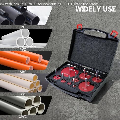 طقم مخرطة أنابيب PVC مكون من 9 قطع مع 1/2 بوصة، 3/4 بوصة، 1 بوصة، 1-1/4 بوصة، 1-1/2 بوصة، 2 بوصة، 2-1/2 بوصة، 3 بوصة، 4 بوصة، 2 إدراجات كربيد، مناسبة لأنابيب PVC، CPVC، PP، PE وABS in Kuwait