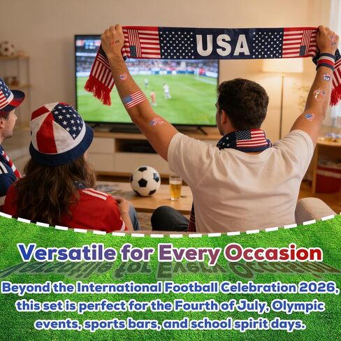 مجموعة بضائع مشجعي كرة القدم الأمريكية مكونة من 8 قطع - ديكورات حفلات بطولة كرة القدم 2026 - وشاح العلم الأمريكي باللونين الأحمر والأبيض والأزرق والوشم المؤقت - ديكور بطولة كرة القدم للجماهير ويوم اللعبة in Kuwait