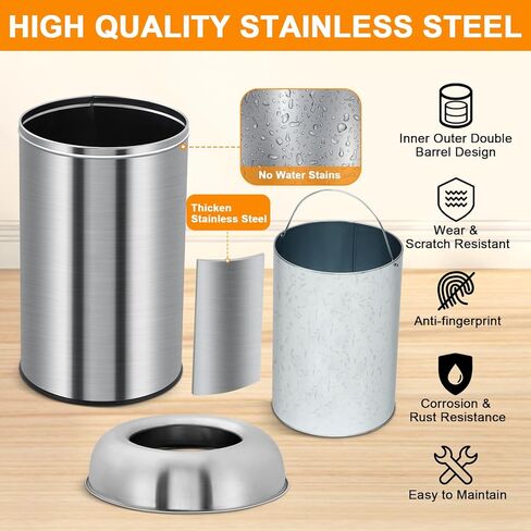 Garvee 13 gal/50 L Open Top Trash Can, Stainless Steel Garbage Can with Removable Inner Bucket, Heavy Duty Commercial Grade Round Waste Container for Kitchen, Home, Office in Kuwait