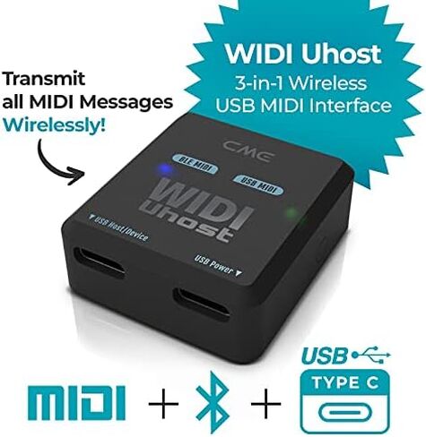 CME WIDI Master + WIDI Uhost USB-B OTG Pack - قم بتوصيل أجهزة MIDI مع وحدات تحكم USB MIDI أو الكمبيوتر الشخصي أو الكمبيوتر المحمول أو الجهاز الذكي - زمن استجابة منخفض للغاية يبلغ 3 مللي ثانية بتقنية Bluetooth MIDI in Kuwait