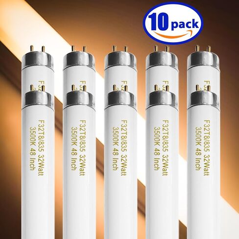 Konideke 10 Pack, F32T8/835 32W T8 Fluorescent Tube Light Bulb 48 Inch, 3500K Warm White, 4 Foot Fluorescent Bulbs, G13 Medium Bi-Pin Base in Kuwait