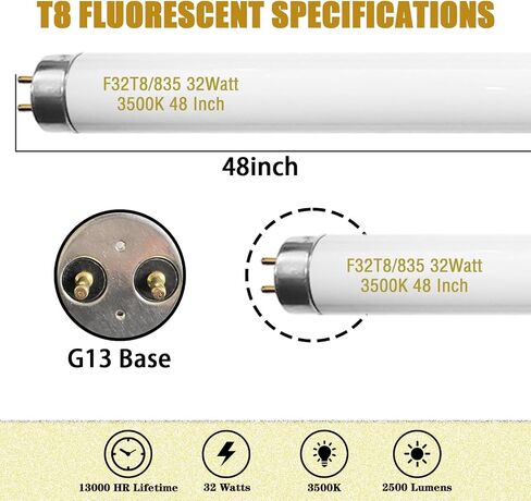 Konideke 10 Pack, F32T8/835 32W T8 Fluorescent Tube Light Bulb 48 Inch, 3500K Warm White, 4 Foot Fluorescent Bulbs, G13 Medium Bi-Pin Base in Kuwait