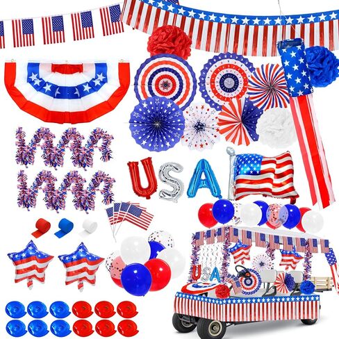 4th of July Golf Cart Decorations Kit, Patriotic Golf Cart Decorations with Flags, Balloons & Hanging Ornaments, Holiday Supplies for Parade, Backyard Party and Independence Day Celebration in Kuwait