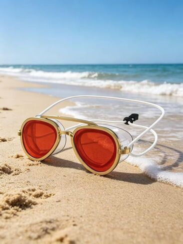 Fashion Aviator Swim Goggles, 2-in-1 Anti-Fog PC Lens Swim Glasses with Adjustable Strap, UV Protection Leak-Proof Swimming Goggles for Adult Men Women, Gold Frame Red Lens (red) in Kuwait