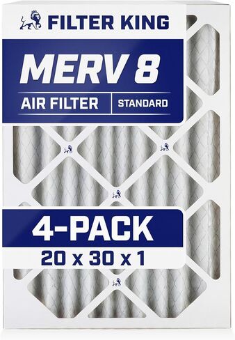 فلتر هواء Filter King 20x30x1 (MERV 8) (4 عبوات) مرشحات فرن التيار المتردد للتحكم في الغبار والحساسية، صنع في الولايات المتحدة الأمريكية، HVAC، مطوي، إلكتروستاتيكي (الحجم الفعلي: 19.5 × 29.5 × .75) in Kuwait