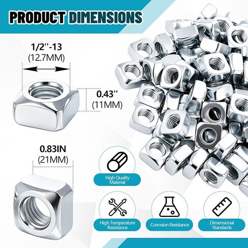 Yaocom 100 Pack 1/2"-13 Coarse Thread Square Nuts, Zinc Plated Iron, Heavy Duty Anti-Loosening Fasteners for Channel Steel, Machinery and Furniture Assembly in Kuwait