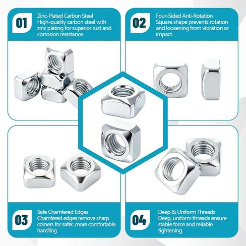 Yaocom 100 Pack 1/2"-13 Coarse Thread Square Nuts, Zinc Plated Iron, Heavy Duty Anti-Loosening Fasteners for Channel Steel, Machinery and Furniture Assembly in Kuwait