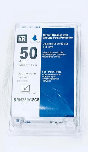قاطع الدائرة الكهربائية Eaton BR 50 أمبير 120 فولت/240 فولت 2 في 2 قطب GFCI؛ MPN: BRN250GFCS in Kuwait