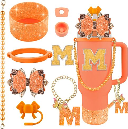 9PCS Orange for Stanley Cup Accessories Set Bling Initials Bow Charms for Stanley Decorations 30/40 Oz Tumbler Accessories Including Bow Straw Topper, Handle Strap, Spill Stopper（Letter M） in Saudi Arabia