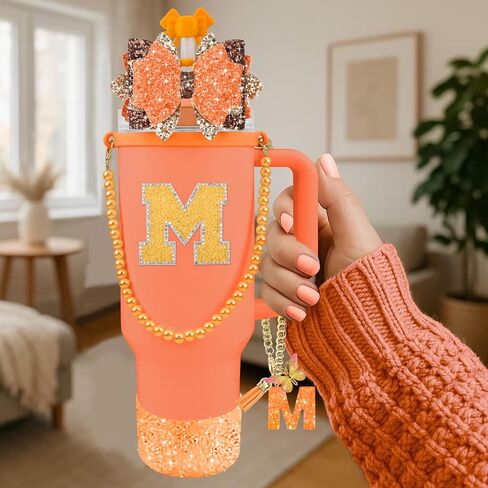 9PCS Orange for Stanley Cup Accessories Set Bling Initials Bow Charms for Stanley Decorations 30/40 Oz Tumbler Accessories Including Bow Straw Topper, Handle Strap, Spill Stopper（Letter M） in Saudi Arabia