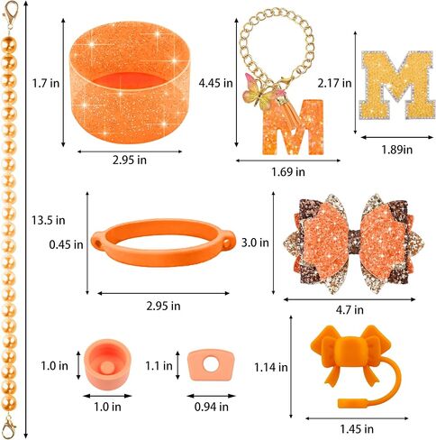 9PCS Orange for Stanley Cup Accessories Set Bling Initials Bow Charms for Stanley Decorations 30/40 Oz Tumbler Accessories Including Bow Straw Topper, Handle Strap, Spill Stopper（Letter M） in Saudi Arabia