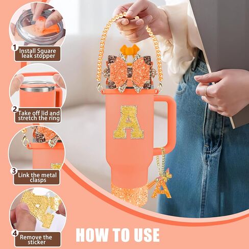 9PCS Orange for Stanley Cup Accessories Set Bling Initials Bow Charms for Stanley Decorations 30/40 Oz Tumbler Accessories Including Bow Straw Topper, Handle Strap, Spill Stopper（Letter M） in Saudi Arabia