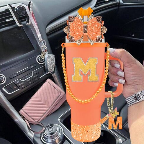 9PCS Orange for Stanley Cup Accessories Set Bling Initials Bow Charms for Stanley Decorations 30/40 Oz Tumbler Accessories Including Bow Straw Topper, Handle Strap, Spill Stopper（Letter M） in Saudi Arabia