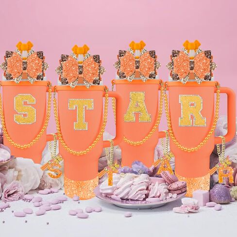 9PCS Orange for Stanley Cup Accessories Set Bling Initials Bow Charms for Stanley Decorations 30/40 Oz Tumbler Accessories Including Bow Straw Topper, Handle Strap, Spill Stopper（Letter M） in Saudi Arabia