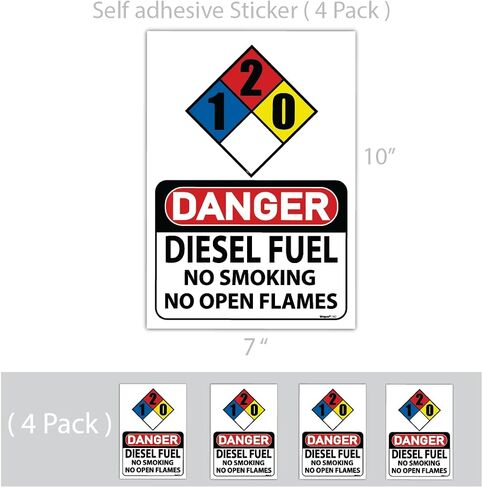 (4 Pack) Diesel Fuel Stickers with NFPA 1-2-0 Placard - OSHA 7 x 10 Inch Heavy Duty Decal Warning Sign - Industrial Safety Sign for Fuel Storage, Indoor/Outdoor Weatherproof in Kuwait