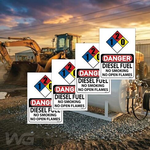 (4 Pack) Diesel Fuel Stickers with NFPA 1-2-0 Placard - OSHA 7 x 10 Inch Heavy Duty Decal Warning Sign - Industrial Safety Sign for Fuel Storage, Indoor/Outdoor Weatherproof in Kuwait
