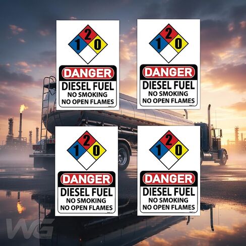 (4 Pack) Diesel Fuel Stickers with NFPA 1-2-0 Placard - OSHA 7 x 10 Inch Heavy Duty Decal Warning Sign - Industrial Safety Sign for Fuel Storage, Indoor/Outdoor Weatherproof in Kuwait