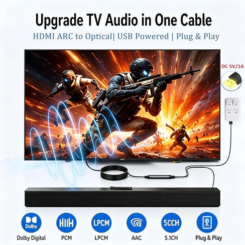 كابل HDMI ARC لتحويل الصوت البصري للتلفزيون، 5FT ARC إلى Toslink SPDIF مستخرج الصوت لمكبرات الصوت، مستقبل AV والمسرح المنزلي، يدعم PCM/LPCM، Dolby Digital & DTS 5.1، يعمل بمنفذ USB in Kuwait