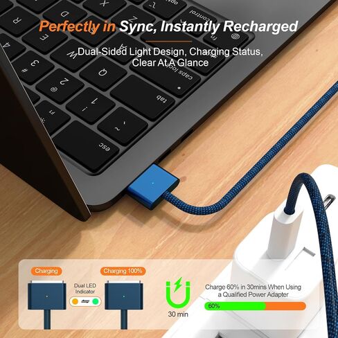 كابل شحن USB-C إلى مغناطيسي 3 بقوة 140 واط بطول 6.6 أقدام | متوافق مع MagSafe 3 لجهاز MacBook Air/Pro M5 M4 M3 M2 (موديلات 2021-2026) - كابل أبيض آمن للشحن السريع - أزرق in Kuwait