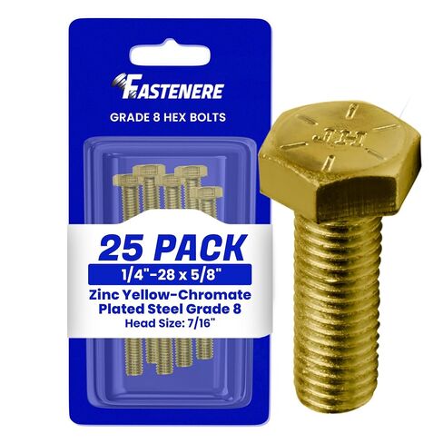 مسامير سداسية من Fastener 1/4"-28 x 5/8" من الفولاذ المطلي بالكروم الأصفر والزنك من الدرجة 8، مسامير سداسية متينة ملولبة بالكامل للآلات والبناء، مقاومة للصدأ، مثبتات شديدة التحمل، عبوة من 25 قطعة in Kuwait