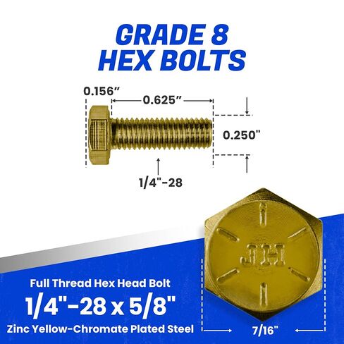 مسامير سداسية من Fastener 1/4"-28 x 5/8" من الفولاذ المطلي بالكروم الأصفر والزنك من الدرجة 8، مسامير سداسية متينة ملولبة بالكامل للآلات والبناء، مقاومة للصدأ، مثبتات شديدة التحمل، عبوة من 25 قطعة in Kuwait