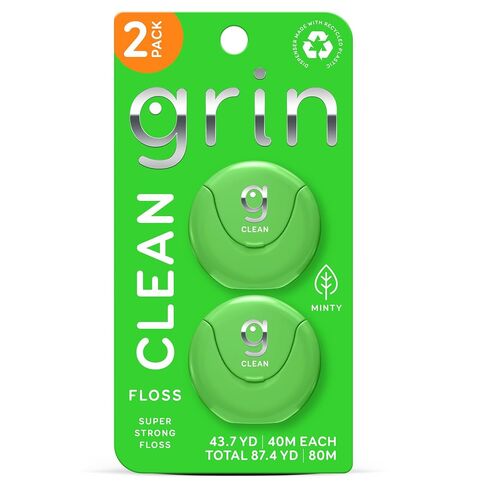 GRIN Clean Dental Floss – 2 Pack (87.4 Yards Total) | Super Strong Floss | Minty | Shred-Resistant | Compact Dispenser Made with Recycled Plastic in Kuwait