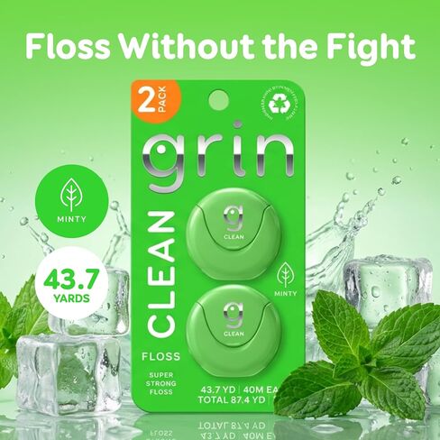 GRIN Clean Dental Floss – 2 Pack (87.4 Yards Total) | Super Strong Floss | Minty | Shred-Resistant | Compact Dispenser Made with Recycled Plastic in Kuwait