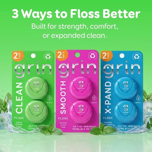 GRIN Clean Dental Floss – 2 Pack (87.4 Yards Total) | Super Strong Floss | Minty | Shred-Resistant | Compact Dispenser Made with Recycled Plastic in Kuwait