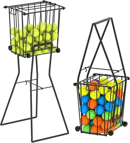 Tennis Ball Hopper, Portable Pickleball Holder with Wheels & Handle | Convertible Handles, Holds 50 Pickleballs, Secure Hooked Lid, Powder-Coated Steel, Easy-Rolling Wheels, Fast Tool-Free Setup in Kuwait