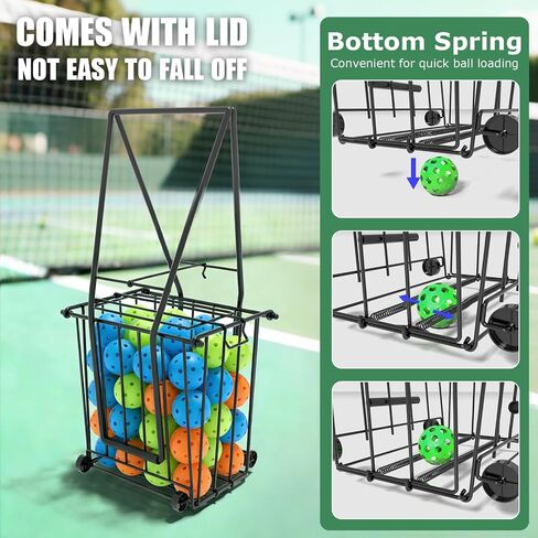 Tennis Ball Hopper, Portable Pickleball Holder with Wheels & Handle | Convertible Handles, Holds 50 Pickleballs, Secure Hooked Lid, Powder-Coated Steel, Easy-Rolling Wheels, Fast Tool-Free Setup in Kuwait