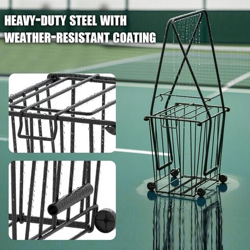 Tennis Ball Hopper, Portable Pickleball Holder with Wheels & Handle | Convertible Handles, Holds 50 Pickleballs, Secure Hooked Lid, Powder-Coated Steel, Easy-Rolling Wheels, Fast Tool-Free Setup in Kuwait