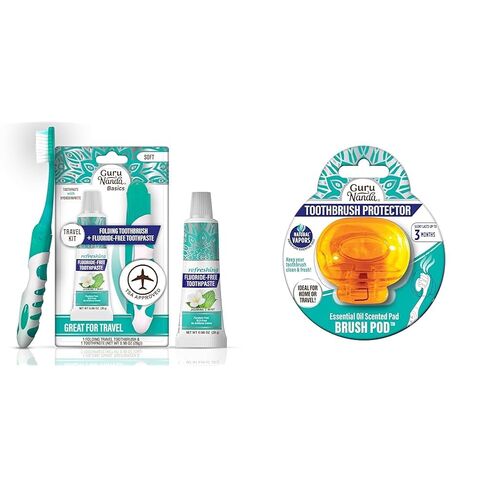 GuruNanda Folding Toothbrush with Built-in Cover & Hydroxyapatite Toothpaste + Brush Pod – Compact Travel Oral Care Kit for Adults & Kids in Kuwait