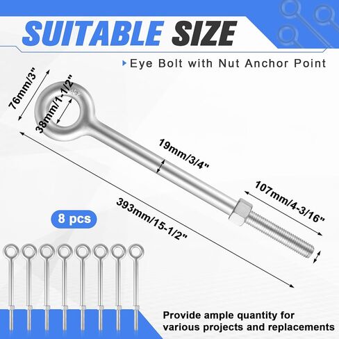 LEIFIDE 8 Pack 3/4'' x 12" Eye Bolt with Nut Rigging Hot Dipped Galvanized Eye Bolt 5200 lb Working Load Limit for Wood Anchoring Chain and Wire Rope in Kuwait