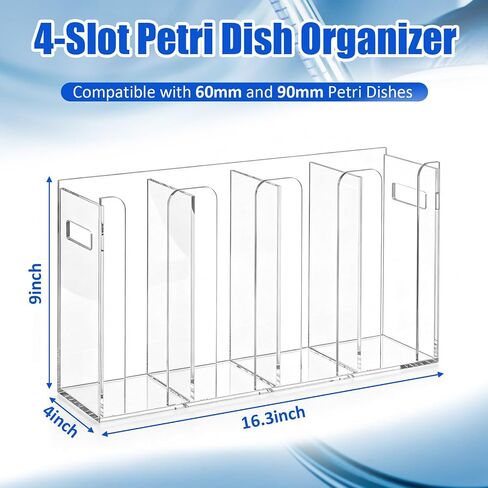 Xuhal 4-Slot Acrylic Petri Dish Dispenser Rack for 60mm & 90mm Dishes, Non-Slip Lab Bench Storage Organizer with Carry Handles, Stackable Culture Plate Holder for Scientific Research Teaching Labs in Kuwait