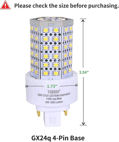 لمبة TSEXES GX24Q ذات 4 دبابيس 10 وات PL-C LED، تحل محل 26 وات CFL - متوافقة مع صابورة التوصيل والتشغيل، 1500 لومن، 4100 ك أبيض بارد، 4 عبوات in Kuwait