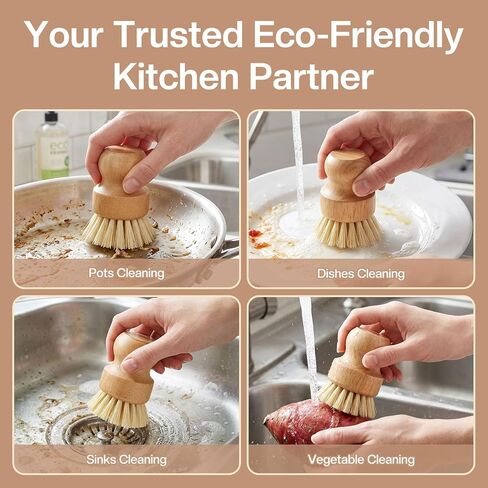 Wooden Dish Brush Handheld Bamboo Wok Brush Scrubber for Dishes Pans Pots Fruit and Veggie Washing(1,Beige) in Kuwait
