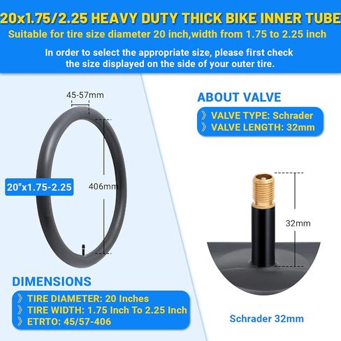 BiAnYC 2Pcs Heavy Duty 20 inchx1.75/1.95/2.0/2.10/2.125/2.25 Bike Tubes+Tire Lever,Schrader Valve 32 mm,Suitable for Tire Size 20" x1.75-2.25 Mountain,Cruiser,and City Bikes in Kuwait