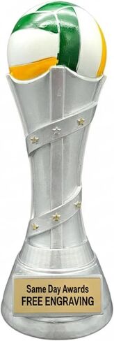 Premium Victory Volleyball Trophy | Free Engraving, Silver Design with Gold Star Accents, Full Color Resin Award, 3 Lines Engraved Text, Multiple Sizes in Saudi Arabia