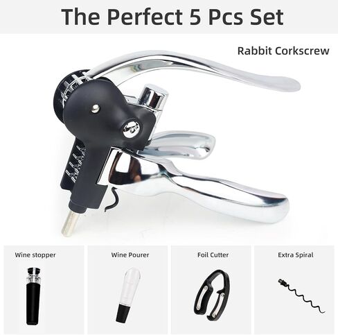 Wine Opener, Rabbit Corkscrew with Luxury Gift Box, Premium 5-Piece Set, Includes Wine Stopper, Foil Cutter, Wine Pourer, Quick and Easy Cork Extraction for Wine Lovers (Futura Silver) in Saudi Arabia