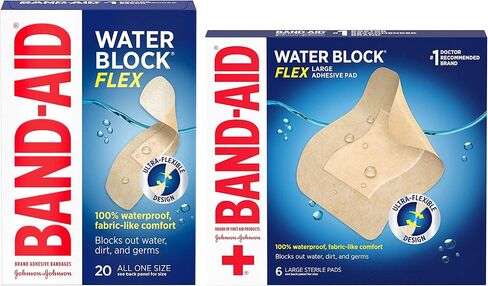 Band-Aid Brand Water Block Flex 100% Waterproof Adhesive Bandages for First Aid & Wound Care, Sterile Ultra-Flexible Design, 20 ct Box of All One Size + 6 ct Box of Large Sized Bandages in Saudi Arabia