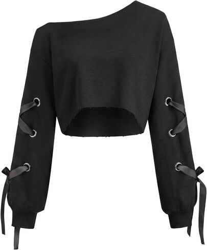 Remidoo Women's Off The Shoulder Cropped Sweatshirt Lace Up Long Sleeve Crop Top in Saudi Arabia