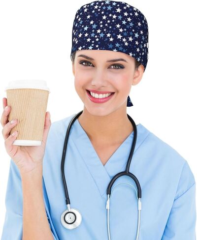 Navy Blue Star A Print Scrub Caps Women Men, Adjustable Nurse Cap Surgical Caps Scrub Hats for Women Men, Working Cap with Buttons for Hanging Face Masks in Kuwait
