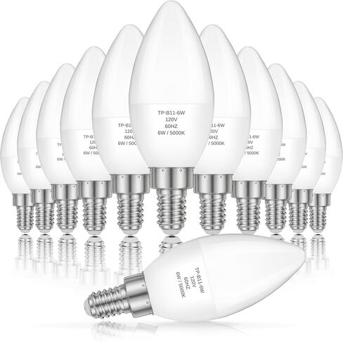 GGOYING E12 LED Candelabra Light Bulbs 60W Equivalent, 6W 5000K Daylight White, 600LM 85+ CRI Chandelier Bulbs, B11 Candle Shape Bulb, Non-Dimmable, Pack of 12 in Kuwait