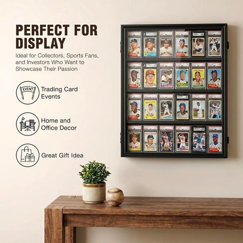 24 Graded Card Display Case, Baseball Card Display Stand, UV Protection, Storage Cabinet, Wall Mounted, Sports Cards, Baseball Trading Card, Wall Display Case, Case Stand, PSA, MTG, Black in Kuwait