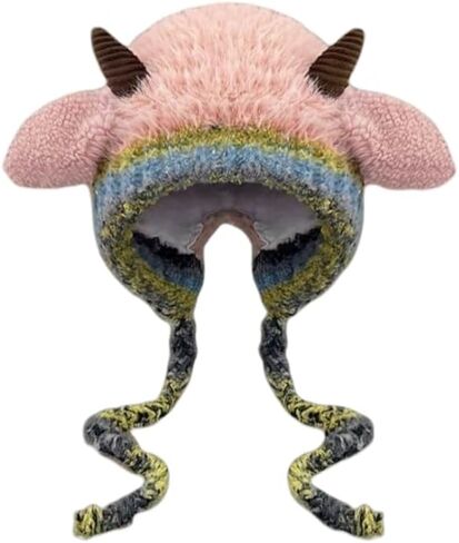 Women's Cute Lamb Winter Hat – Lined, Windproof Beanie with Light Rainbow Stripes and Fluffy Pompom Knitted Earmuffs Hat to Keep Out Wind and Cold Unique for Friends in Kuwait
