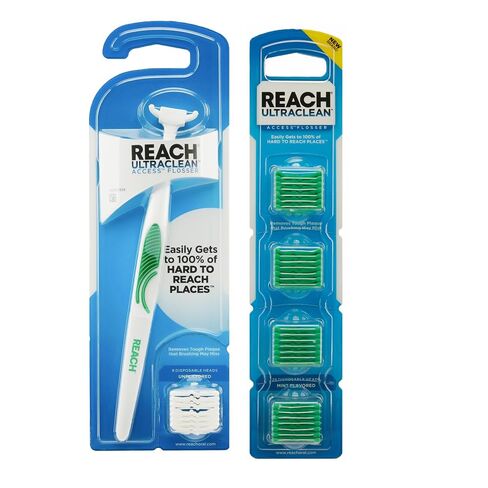 Reach Listerine Ultraclean Access Flosser Refill Heads Mint Flavor & Listerine Ultraclean Access Flosser Starter Kit Bundle | Proper & Durable Oral Care & Hygiene | Effective Plaque Removal in Kuwait