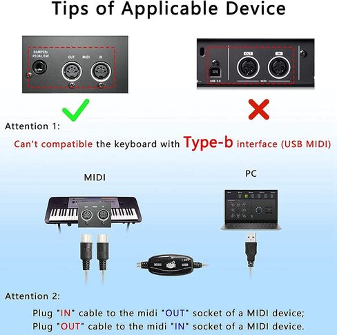 USB MIDI Cable Adapter, USB Type A Male to MIDI Din 5 Pin in-Out Cable Interface with LED Indicator for Music Keyboard in Kuwait