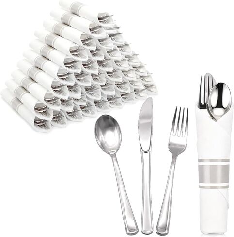Gold Plastic Silverware 50 Guests Wrapped Cutlery Set Disposable | Pre Rolled Silverware Set Include 50 Forks,50 Knives,50 Spoons and 50 Napkins Heavy Duty Disposable Utensils for Party in Kuwait