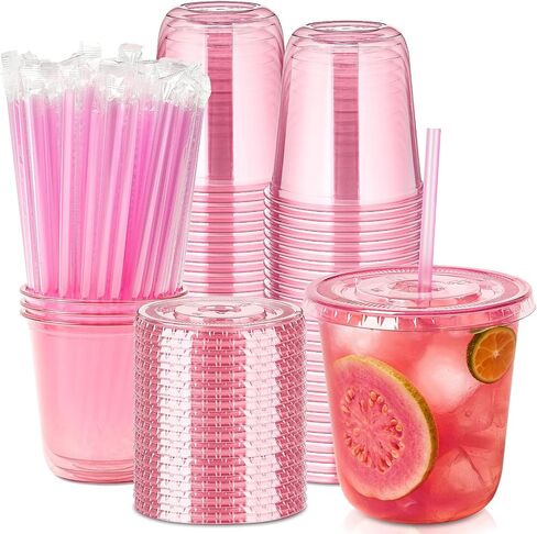[50 Sets - 12oz Round Bottom Pink Plastic Cups with Lids and Straws, Disposable Iced Coffee Cups with Lids To Go Cold Drink Cups for Smoothies, Juices, Party Catering in Kuwait